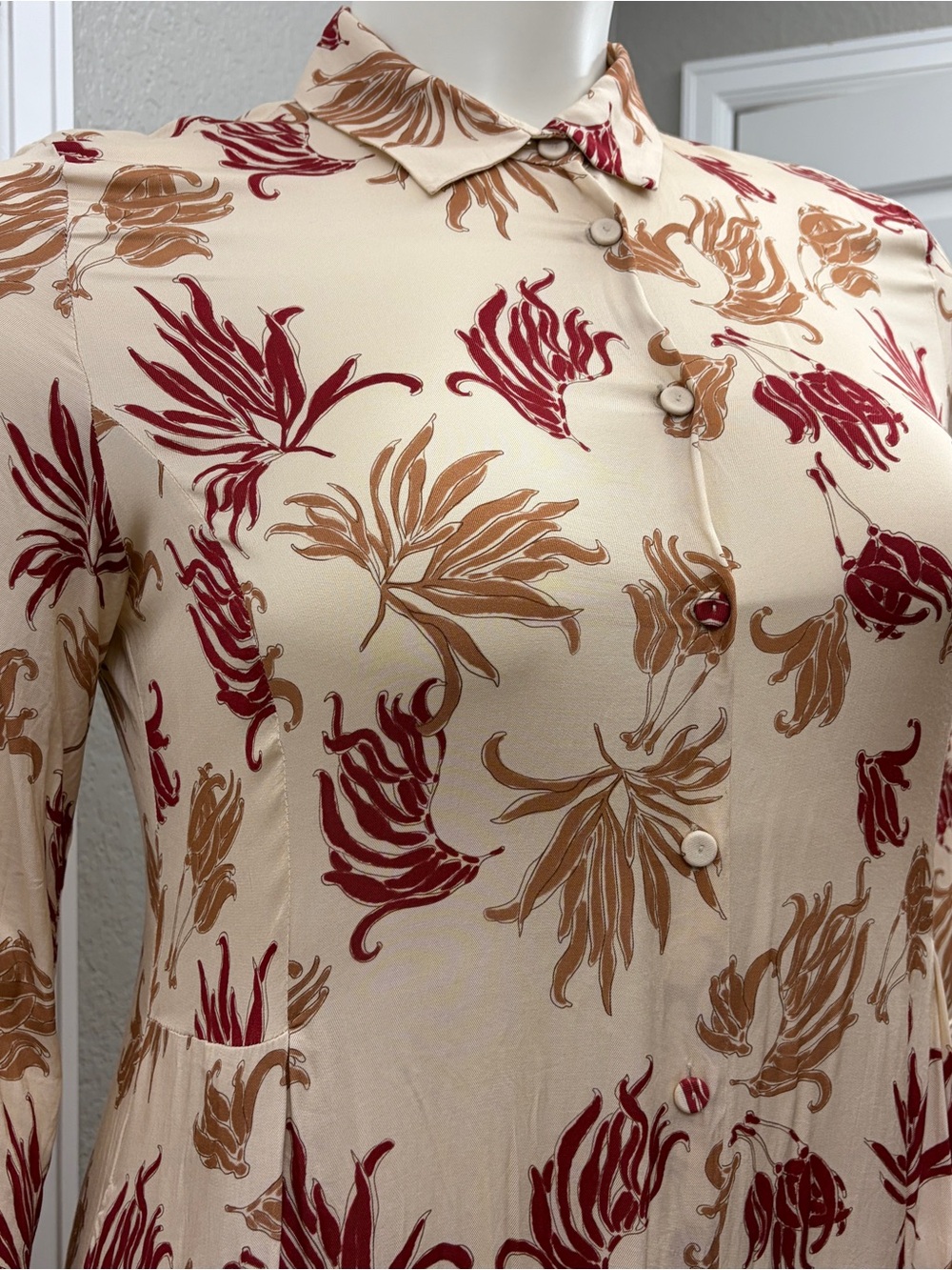 Marina Rinaldi Cream Dress with Red and Brown Floral Print - Size 12